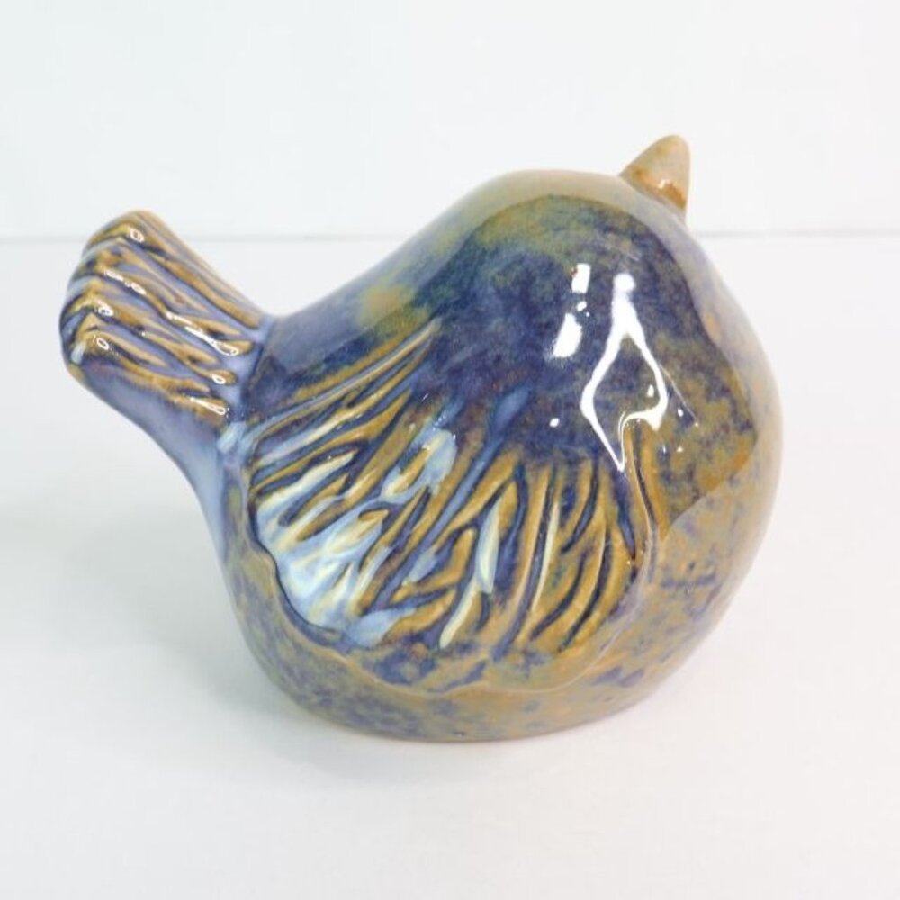 Pudgy Bird Figurine Blue Brown Glaze Shelf Decor - Picture 6 of 8